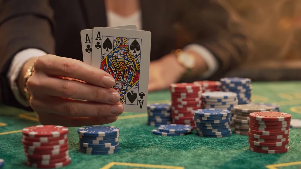 Momenti Intensi al Tavolo del Casinò: Un Primo Piano di un Giocatore che Gestisce Strategicamente Carte e Fiches Durante una Partita di Poker ad Alte Poste