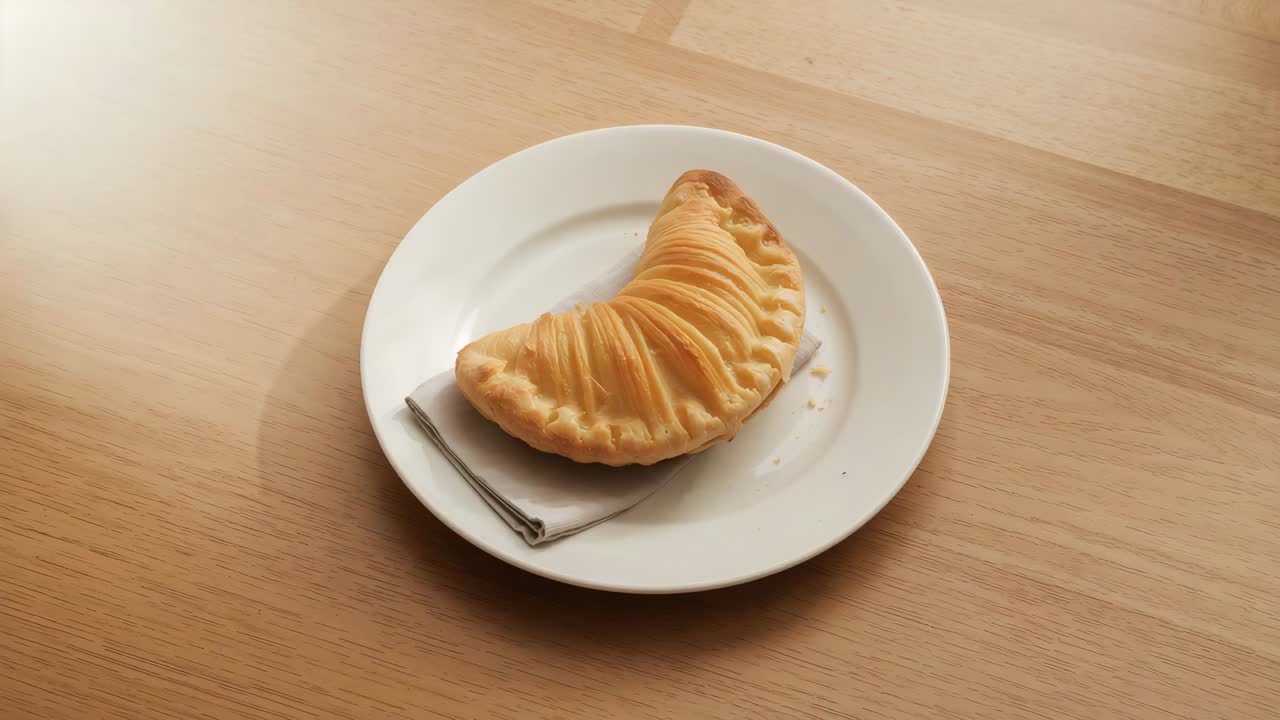 Recording camera pushing in, framing crescent pastry on plate with napkin and crumbs on wood table