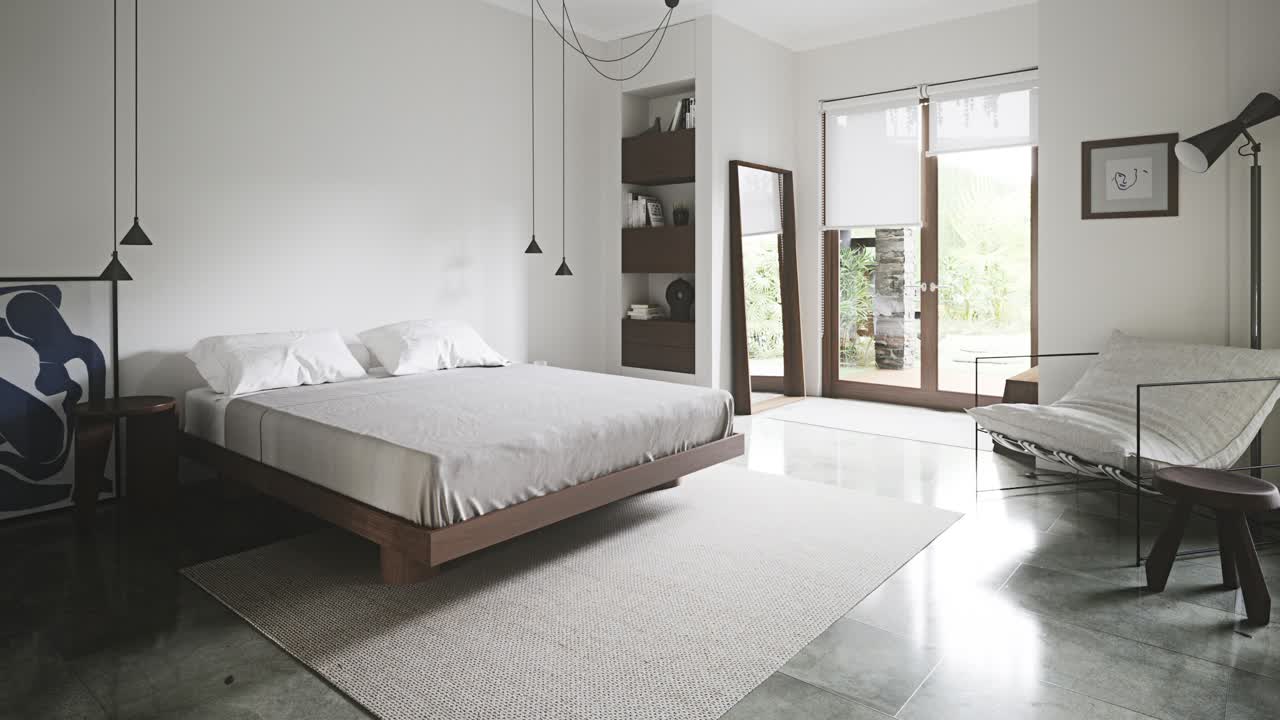 Interno camera da letto confortevole con letto e immagine grande appoggiata sul pavimento