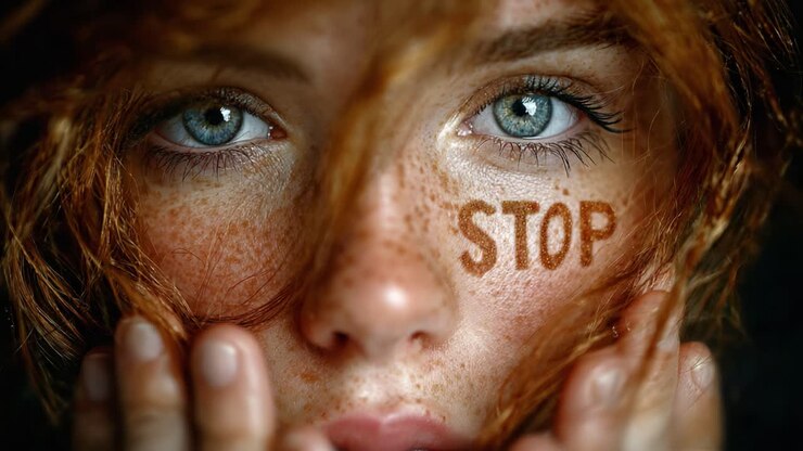 A Close-Up Portrait of a Young Woman with Freckles, Expressing Emotion and Holding Her Face, Featuring the Word 'STOP' Prominently Displayed