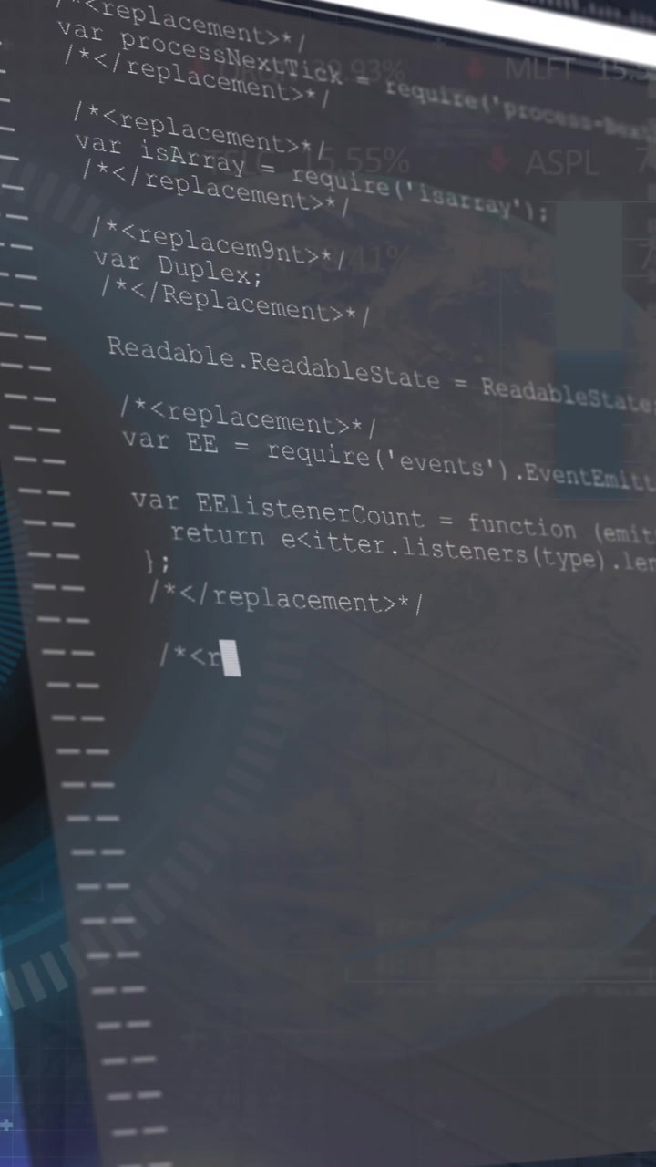 Animação de interface com processamento de dados sobre um scanner circular e globo giratório em fundo azul.