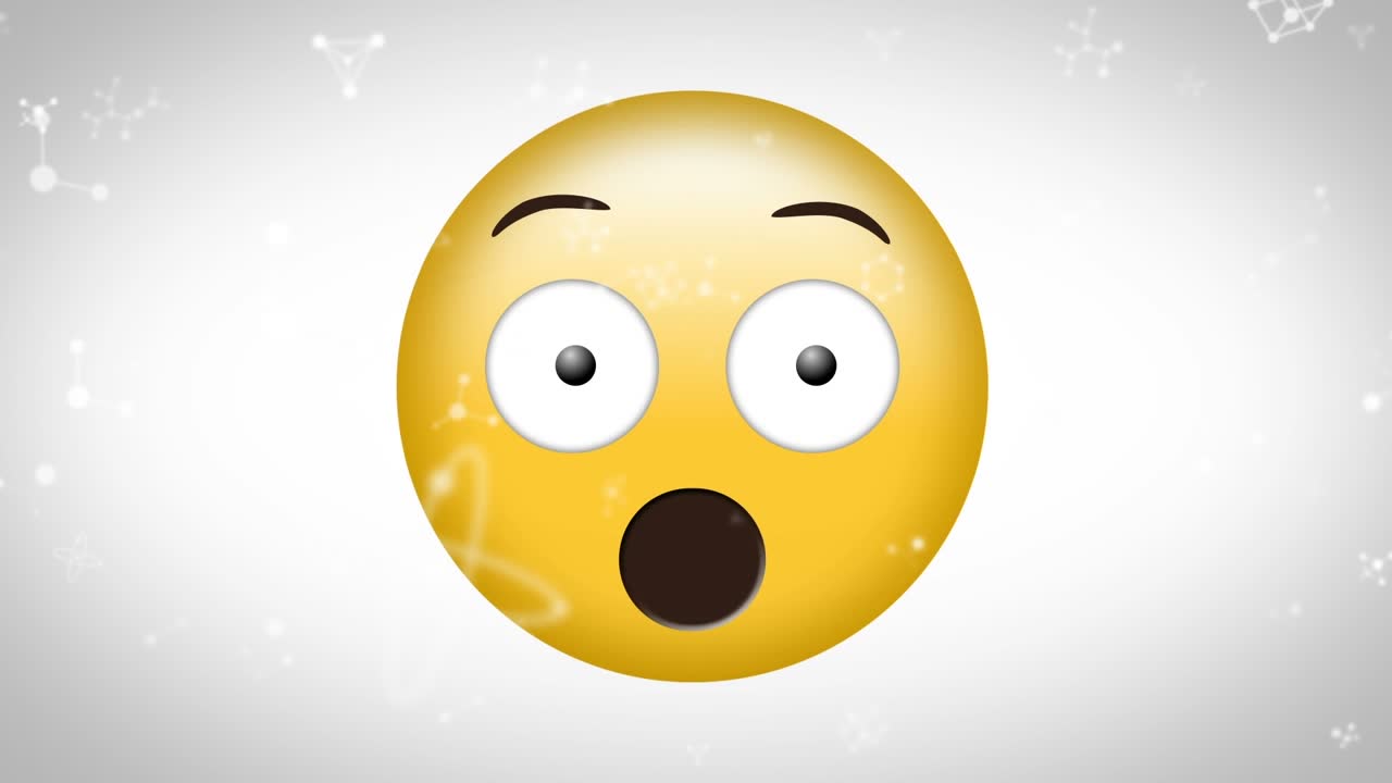 Animation of molecules over amazed emoticon over white background