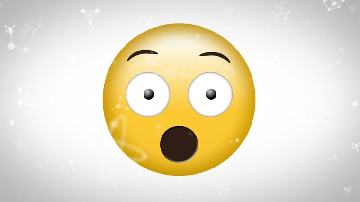 Animazione di molecole su emoticon stupita su sfondo bianco