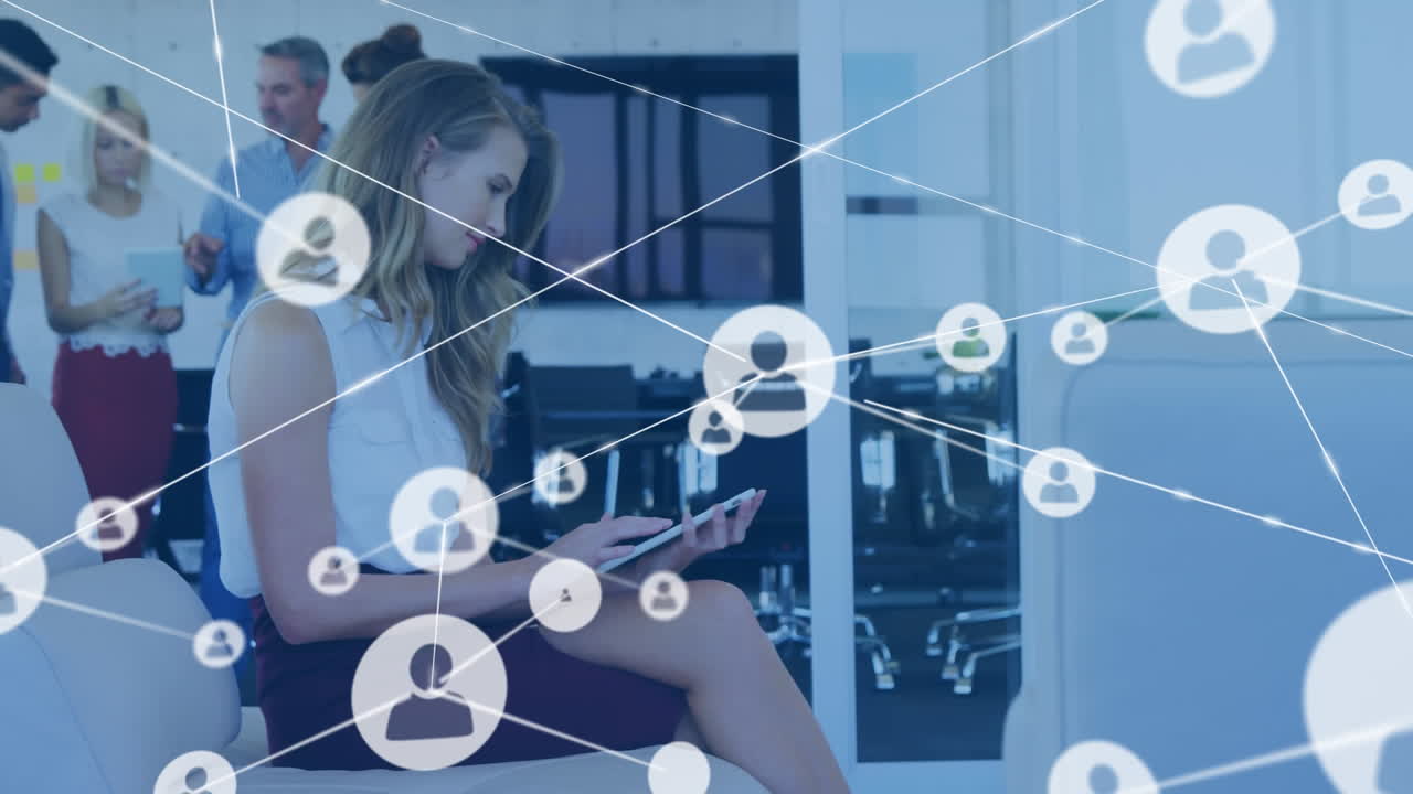 Animation of network of connections with icons over diverse business people using tablet