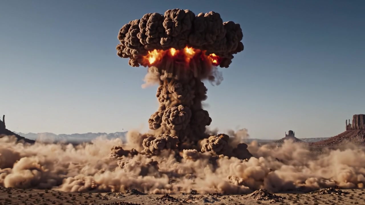 Eine atemberaubende Darstellung eines Detonationsereignisses, festgehalten in zwei Bildern: Der brillante Blitz und die gewaltige Pilzwolke, die in einer weiten Landschaft aufsteigt.