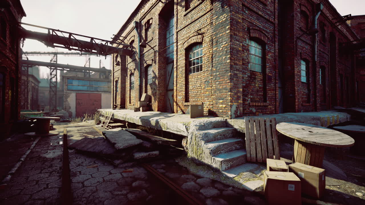 Abandoned industrial area with crumbling buildings and scattered debris