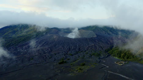 rugged ash covered volcanic landscape of mt bromo, aerial view