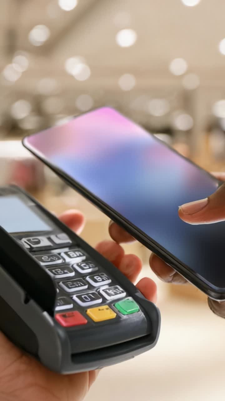 Tecnologia di pagamento mobile: un utente che utilizza metodi contactless tramite smartphone e terminale di pagamento in un moderno ambiente di vendita al dettaglio