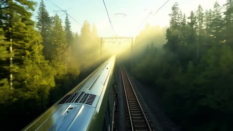 train through misty forest at sunrise