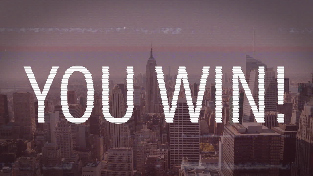 Animation of you win text in white with interference over aged sepia film of sky and cityscape