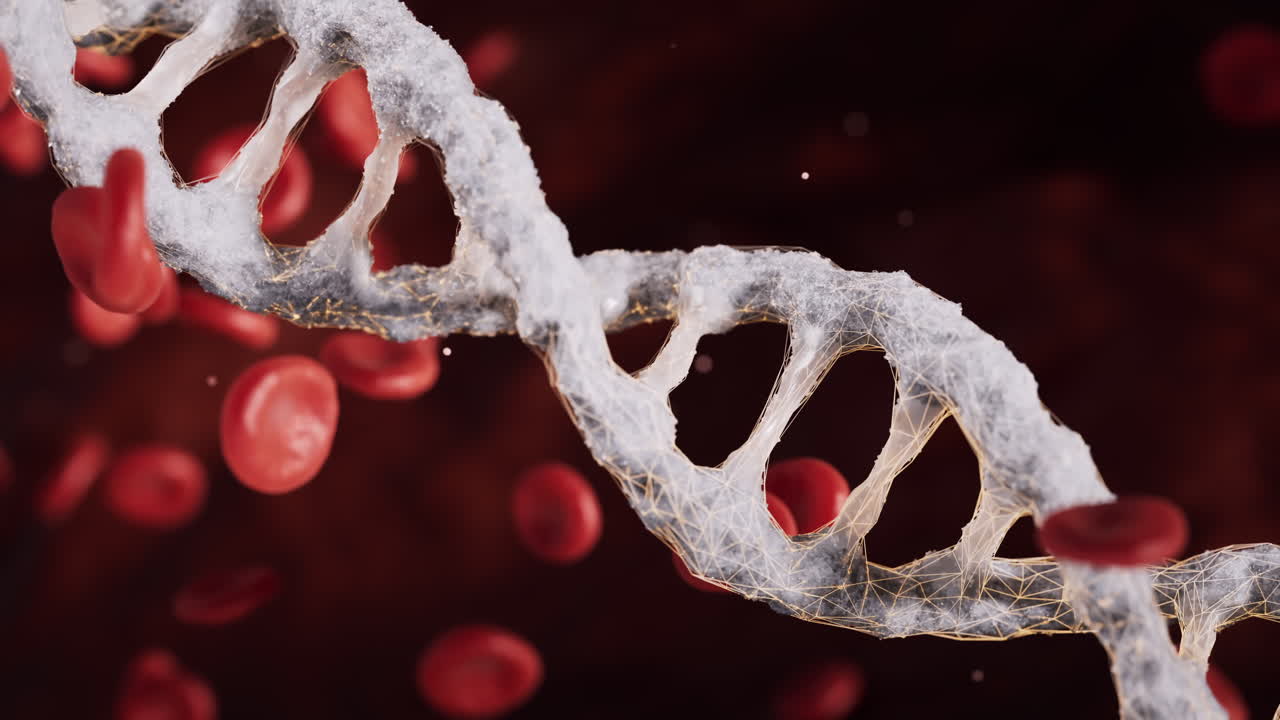 Red blood cells and biological DNA with medical concept, 3d rendering