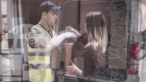 warehouse composition man packing parcels into a van combined with parcel delivery