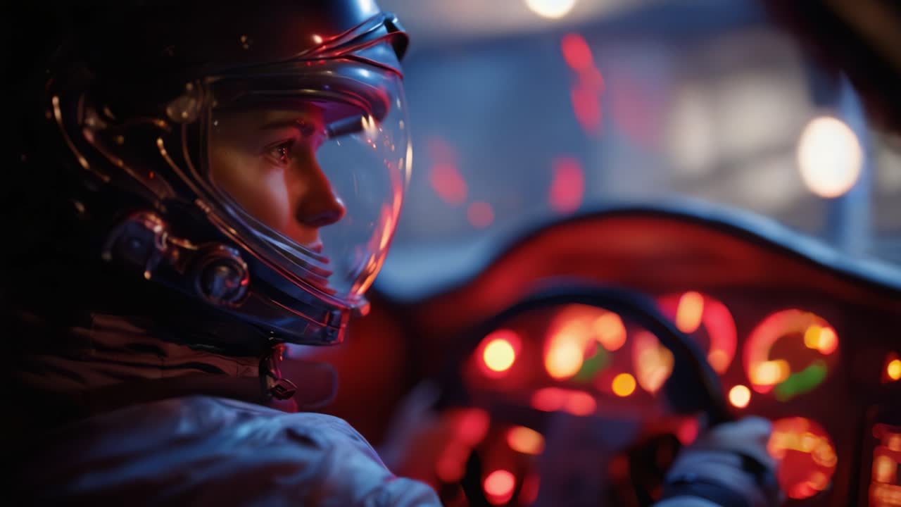 Un astronauta in una cabina di pilotaggio futuristica naviga attraverso luci vibranti, mostrando un'intrigante fusione di esplorazione spaziale e tecnologia avanzata in un ambiente scuro.