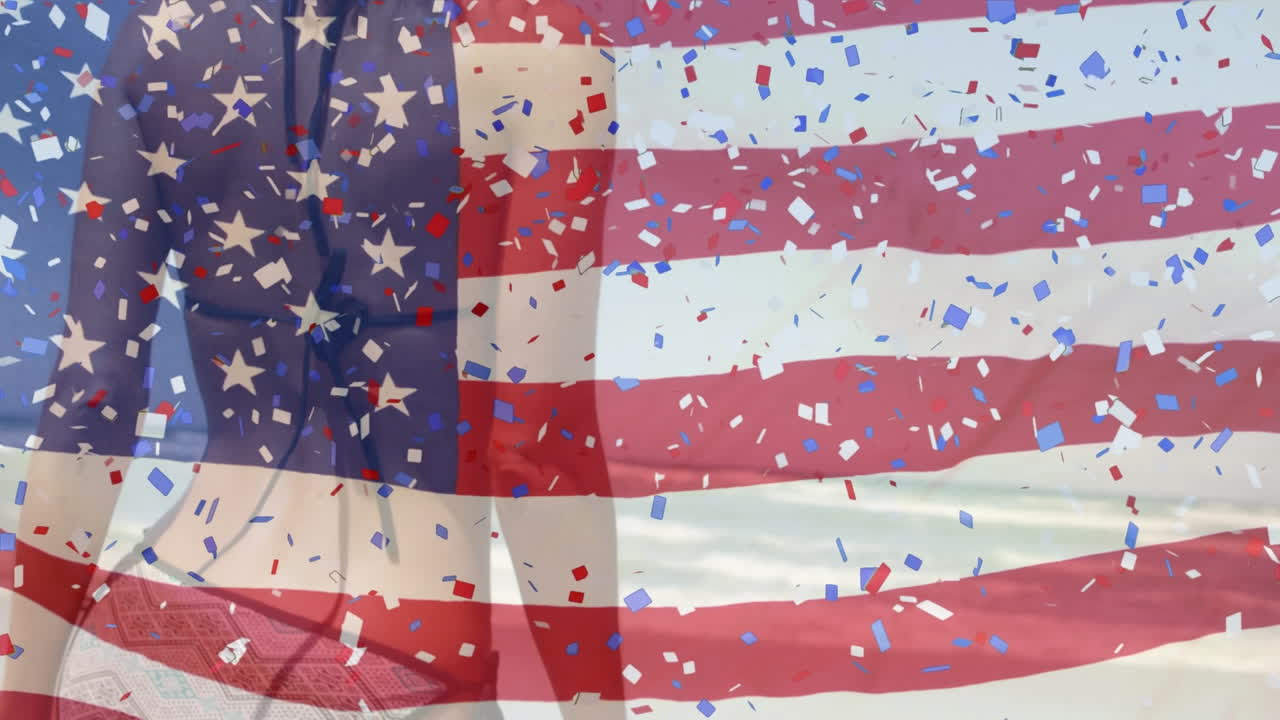 Amerikan lipun ja konfettien animaatio valkoihoisen naisen yllä rannalla