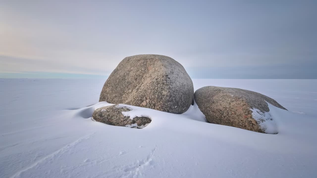 Panorointikamera kuvaa kahta pyöreää graniittilohkaretta ja pientä kiveä lumisella rannalla, ja näkyvissä on jälkiä