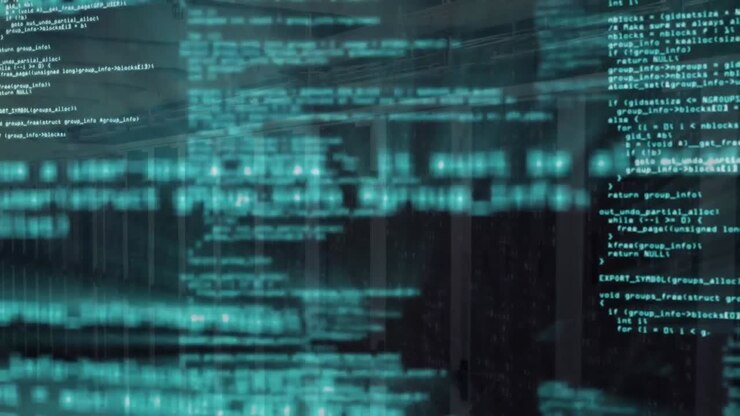 Animasjon av dataspråk mot serverrom i bakgrunnen