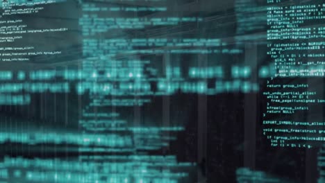 animación del lenguaje informático contra la sala del servidor en segundo plano
