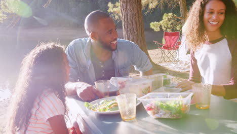 familia haciendo un picnic mientras acampan junto al lago en una aventura en el bosque