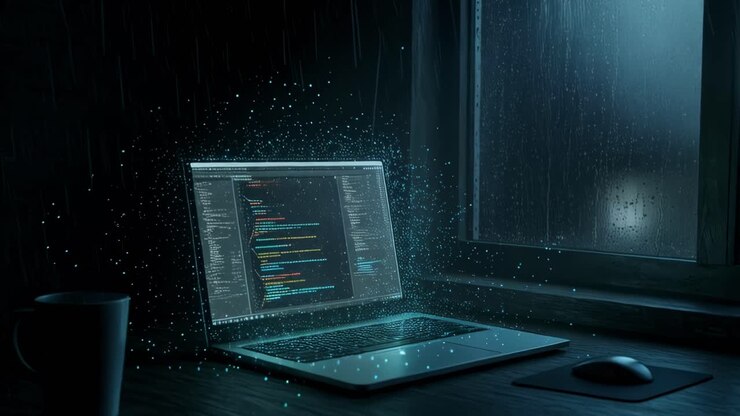 Engaging in a captivating coding session, surrounded by the soothing sounds of rain on a tranquil night