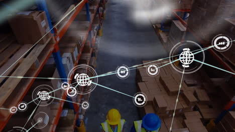 animation of network of connections with icons over men working in warehouse