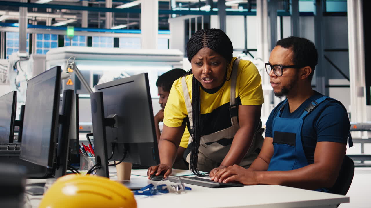 Vertical Video Engineers monitor solar system software at desk in modern factory