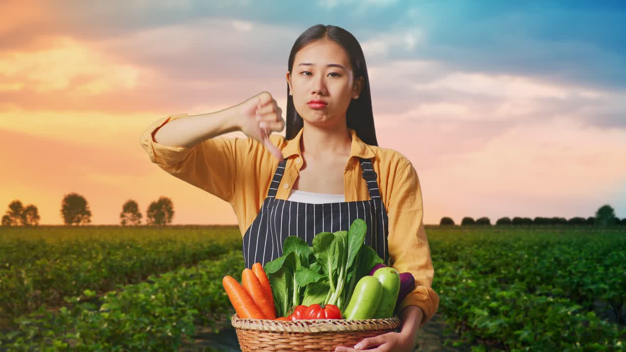 채소 바구니 를 가진 불만족 한 농부