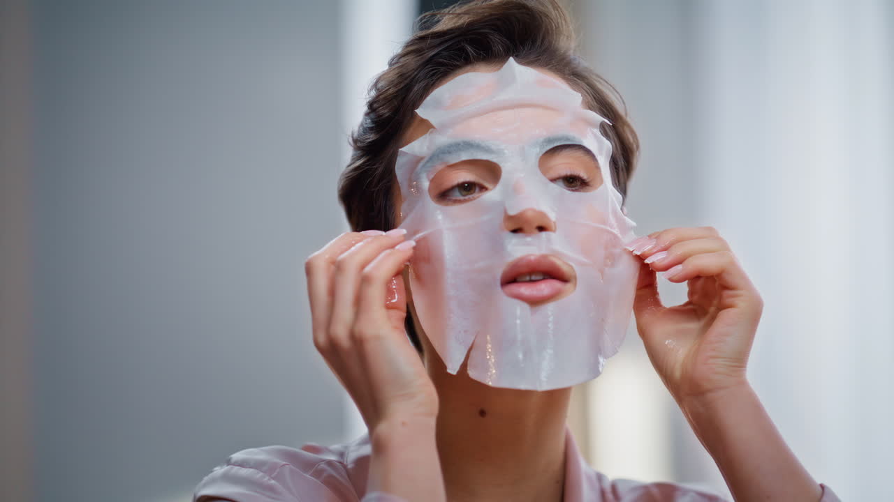 Close-up tangan wanita mengambil masker di kamar mandi. Wanita berambut cokelat mengaplikasikan produk kecantikan.