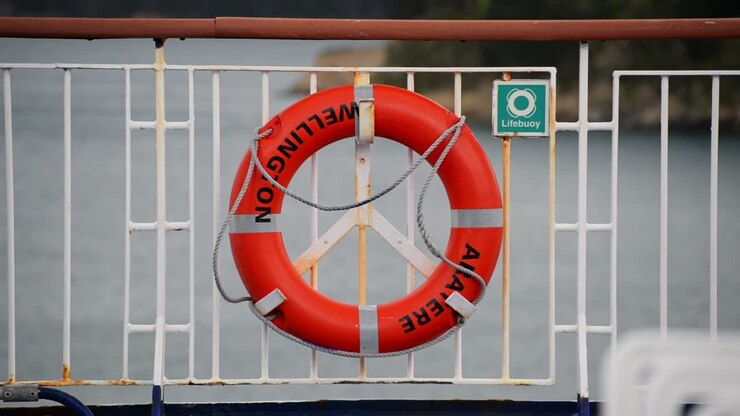 Salvagente arancione del traghetto Aratere in viaggio da Wellington a Picton in Nuova Zelanda
