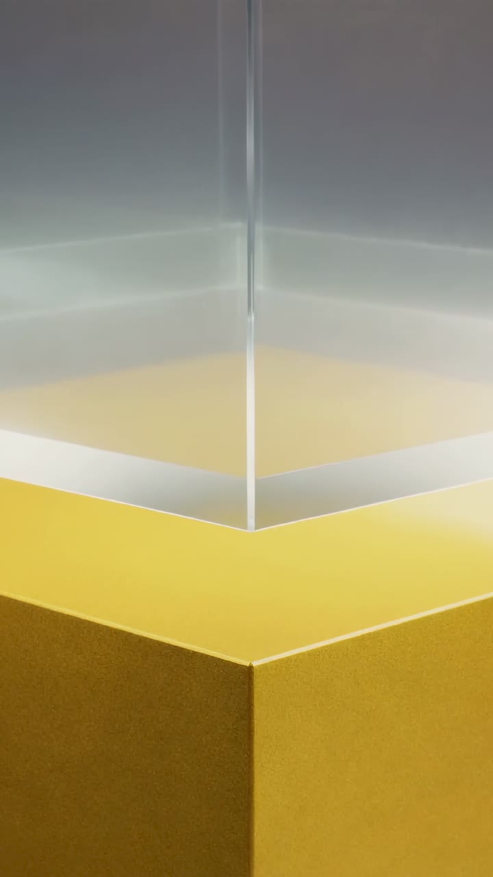 Video verticale: Telecamera che si alza rivelando un prisma d'oro da mostrare in un set con parete grigia con bordo a V in metallo.