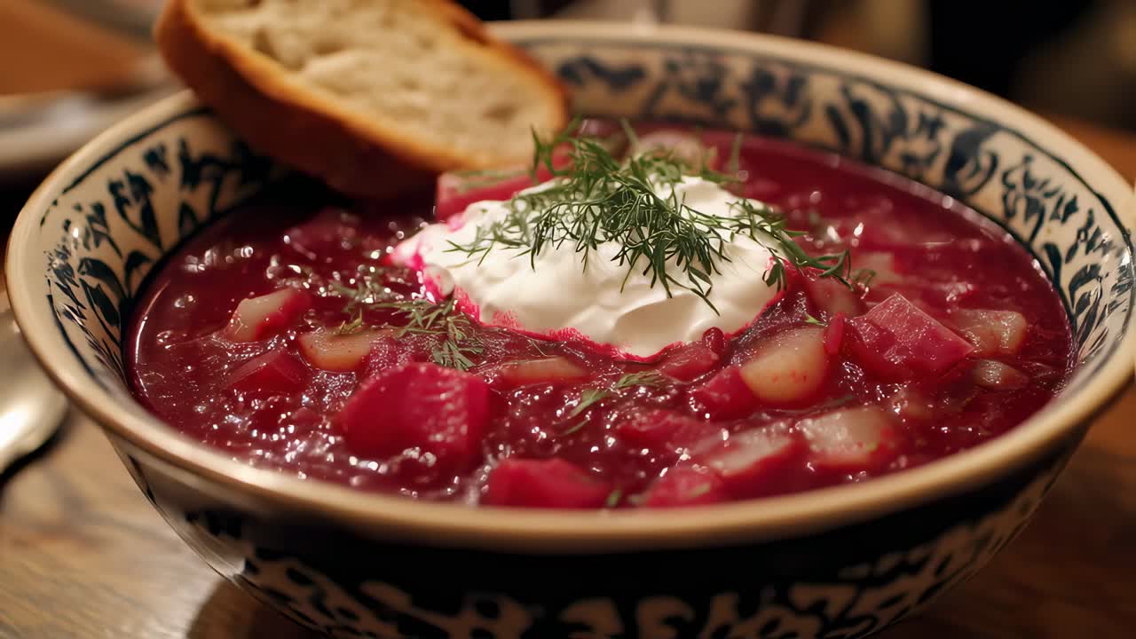 Crimson beetroot soup garnished with delicate dill, resting on weathered wooden surface, complemented by tangy sour cream and golden toasted bread slice, evoking traditional Ukrainian warmth