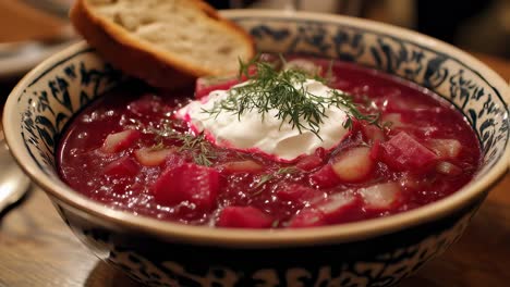 crimson beetroot soup garnished with delicate dill, resting on weathered wooden surface, complemented by tangy sour cream and golden toasted bread slice, evoking traditional ukrainian warmth