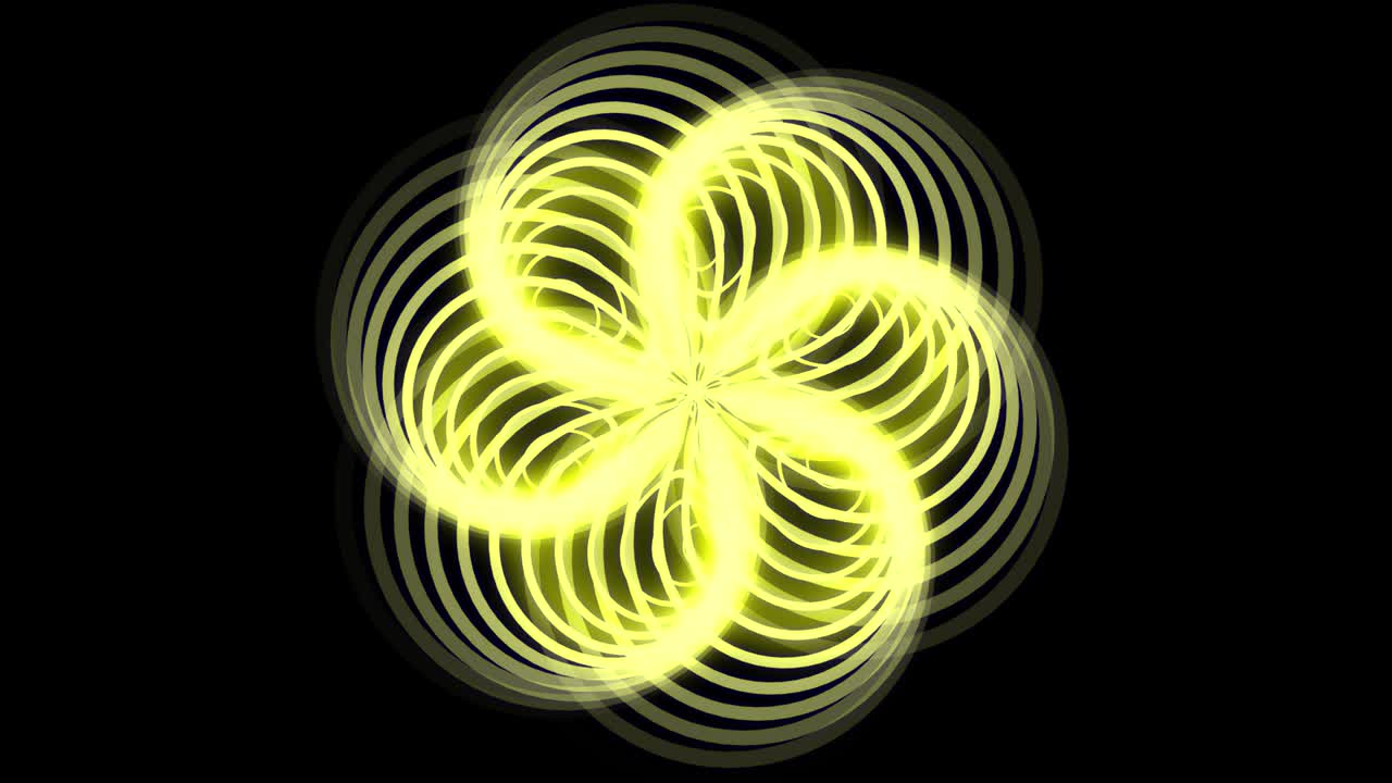 추상적인 기하학적 모양의 애니메이션, 상상력과 창의성으로 가득 찬 배경, 배경은 검은색, 색은 노란색.