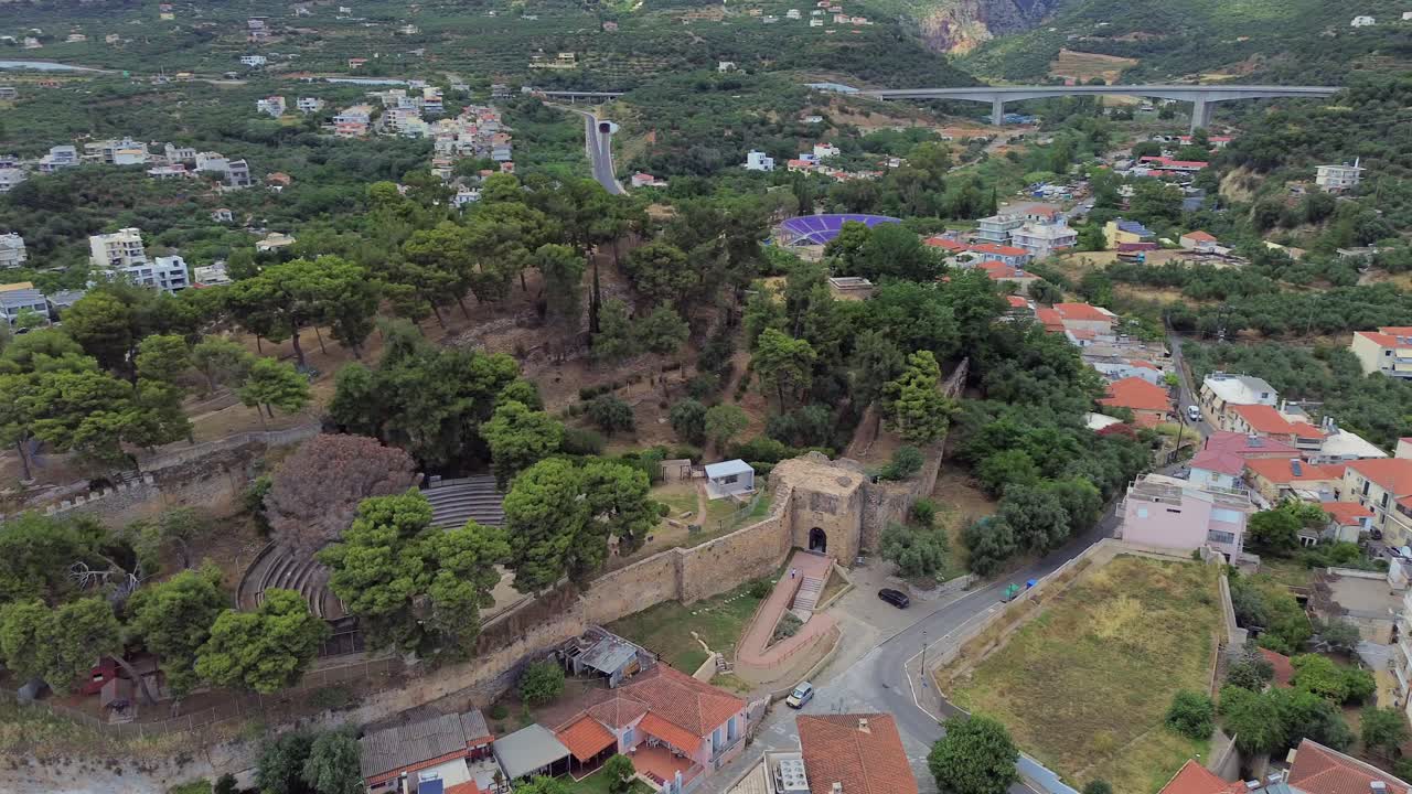 Aerial bird's eye view of ancient castle at historical center of Kalamata, Peloponnesus, Messinia , Greece 4k