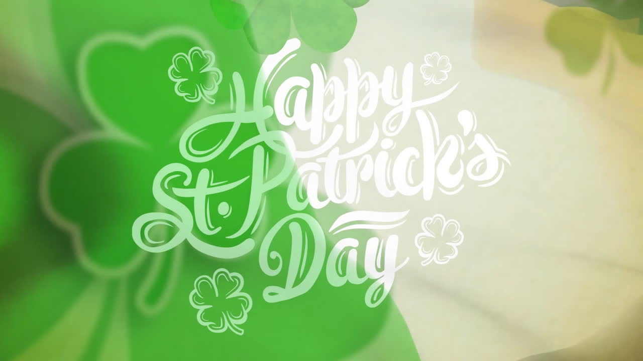 Animation of shamrocks and happy st patrick's day text over flag of ireland