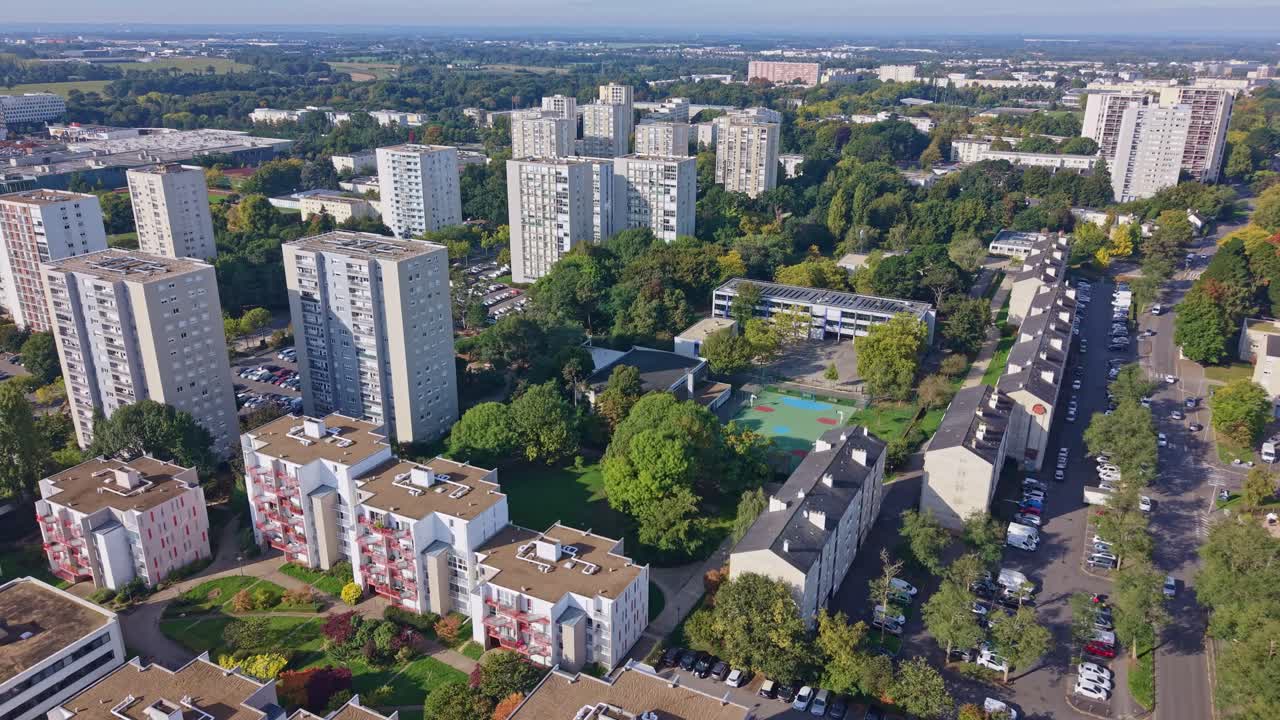 Henri Fréville modern neighborhood in Rennes, France. Aerial drone backward
