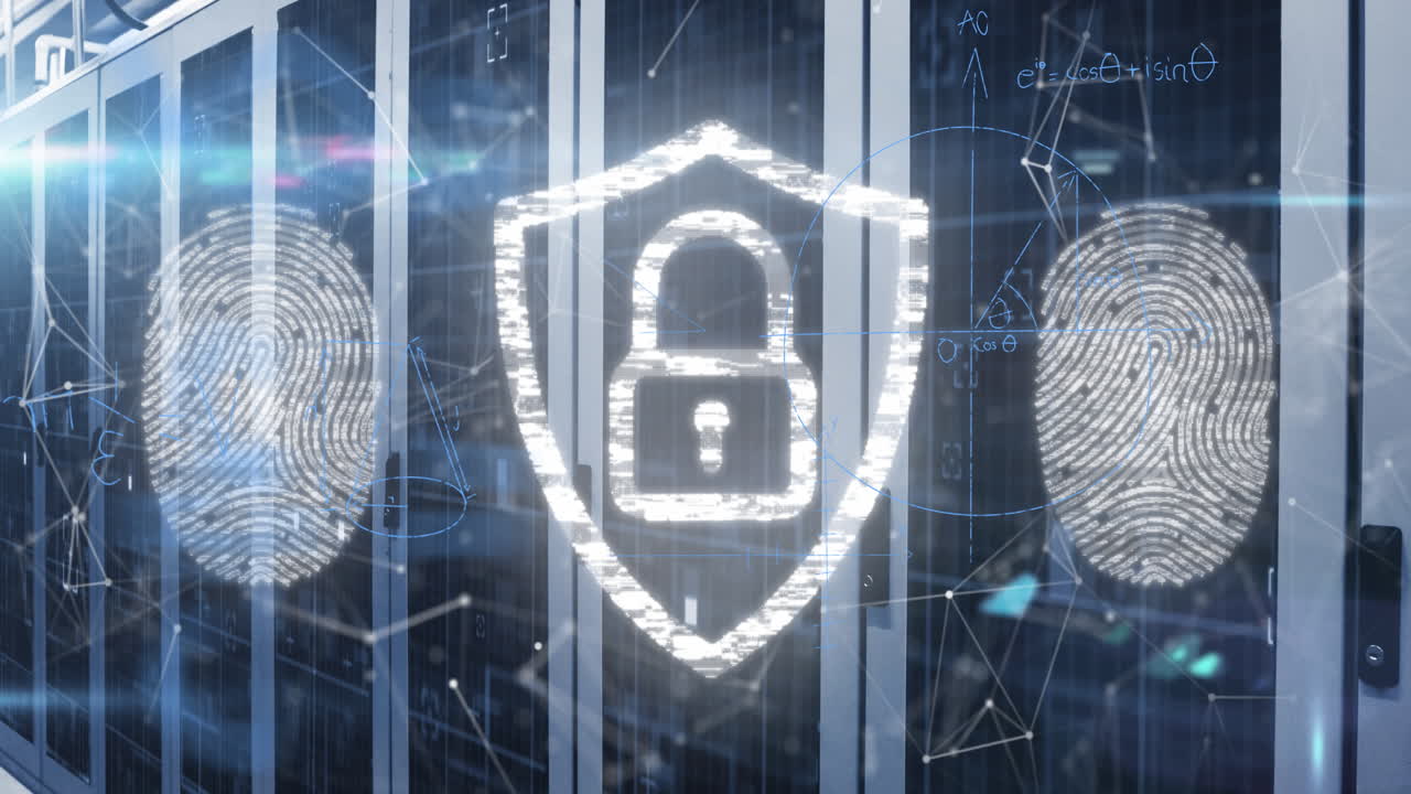 animazione di impronte digitali, lucchetto, equazione matematica, diagrammi, punti collegati nella sala server