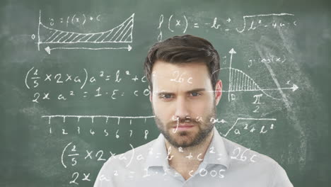 man thinking over mathematical equations.