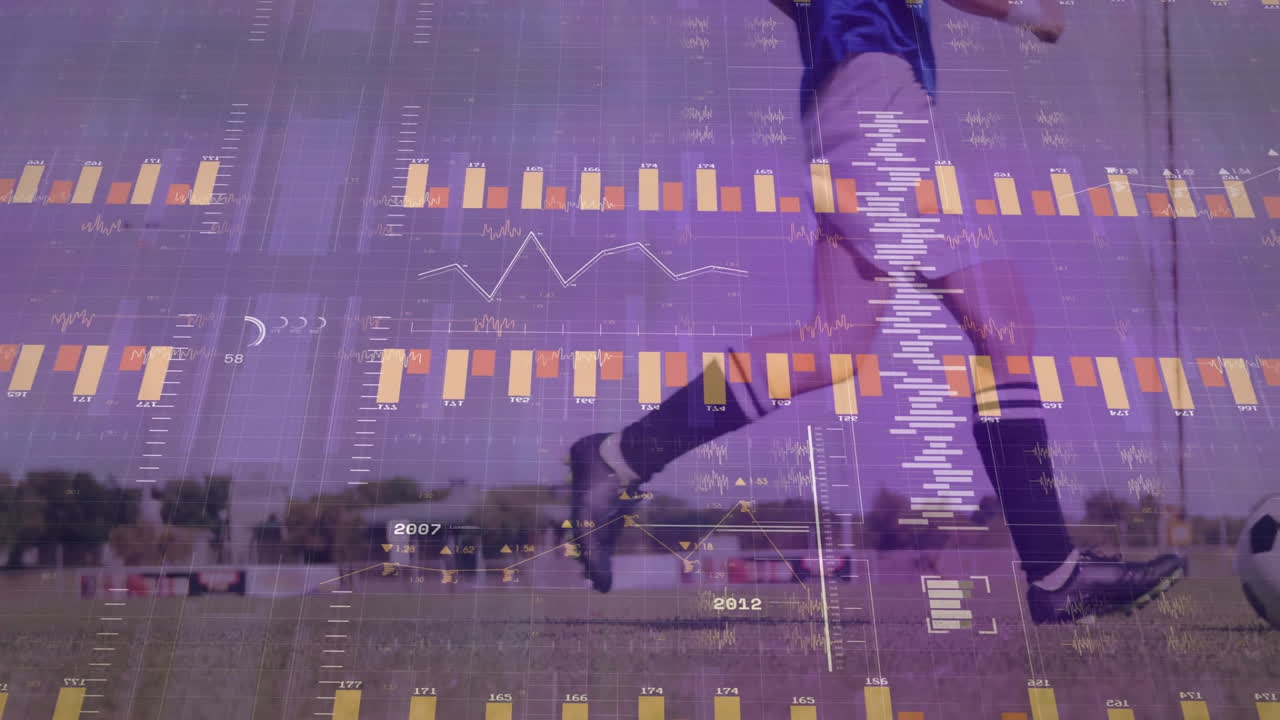 Running over animated financial graphs, soccer player focusing on data charts