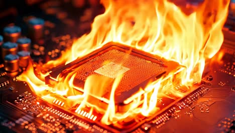 a computer motherboard on fire with a cpu on top of it