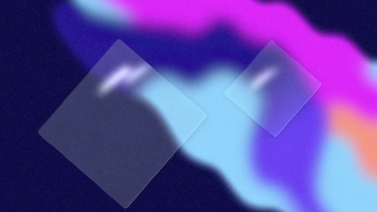 Animation of transparent squares over slow moving blue, pink and black organic forms