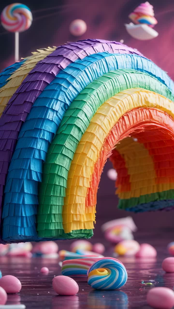 Vertical video: Purple glow starting rainbow arch rotating above table, swirl candies shifting