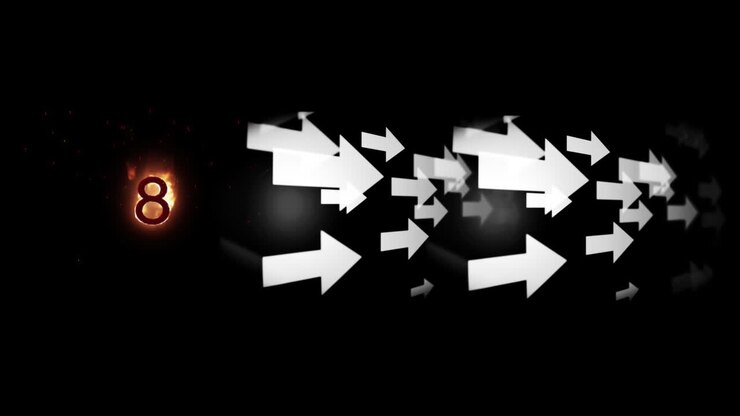 Digital animation af ikon med tallet otte i flammer og flere pileikoner mod sort baggrund