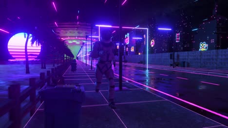 astronaut in a neon-lit retro futuristic city