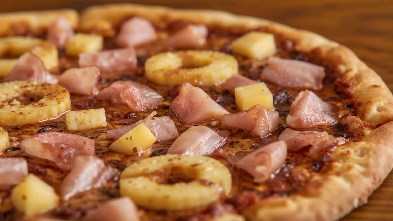Panoramica con angolazione dal basso, con la camera che si sposta sopra un tavolo di legno, mostrando anelli di ananas e prosciutto piegato