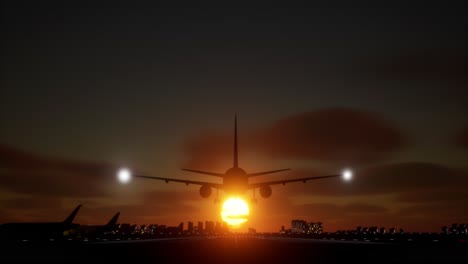 airplane landing at sunset