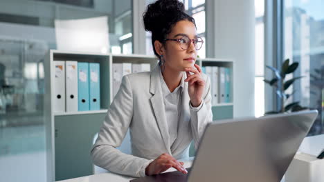laptop, idea and thinking business woman