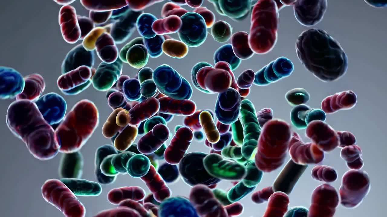 Colorful 3D-rendered bacteria floating in space, viewed from a low-angle
