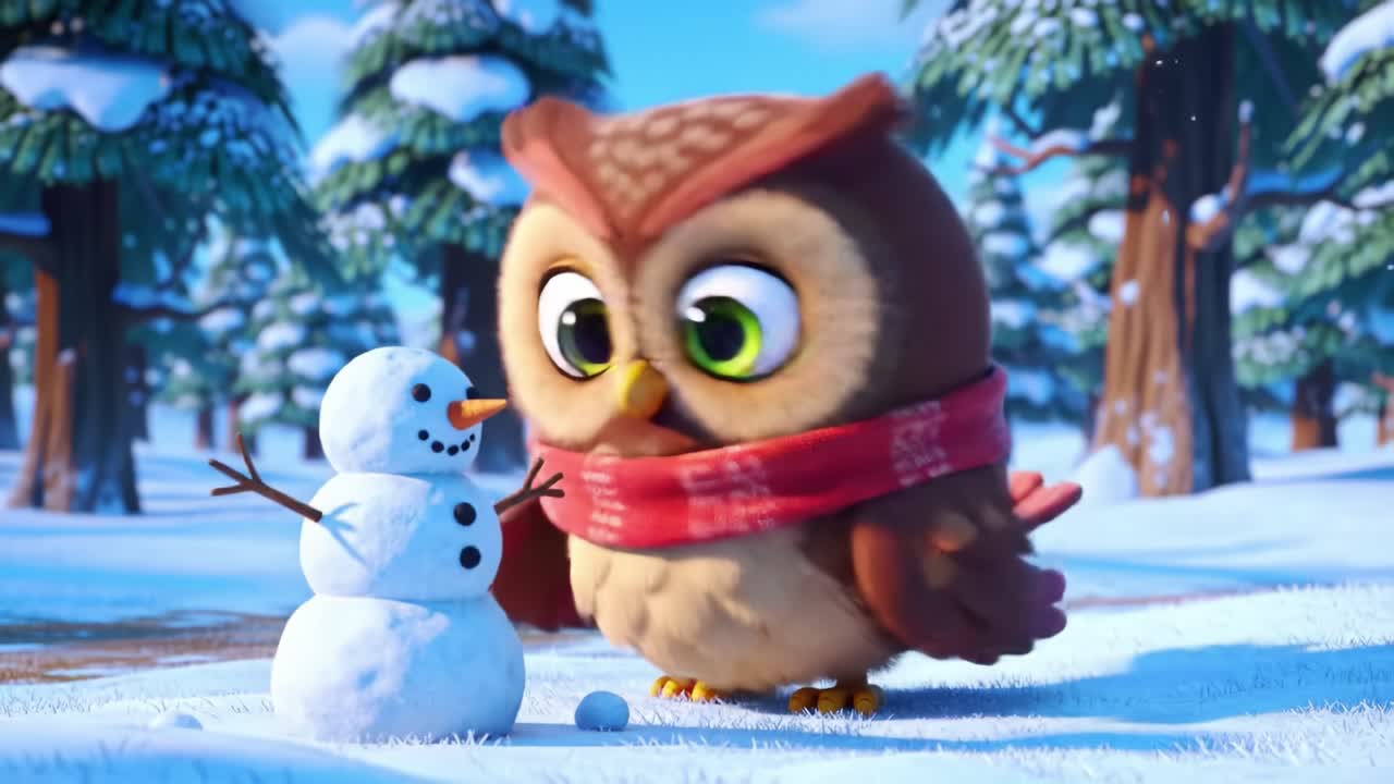 A Heartwarming Winter Scene Featuring an Adorable Owl in a Red Scarf Interacting with a Cheerful Snowman Amidst Snowy Trees