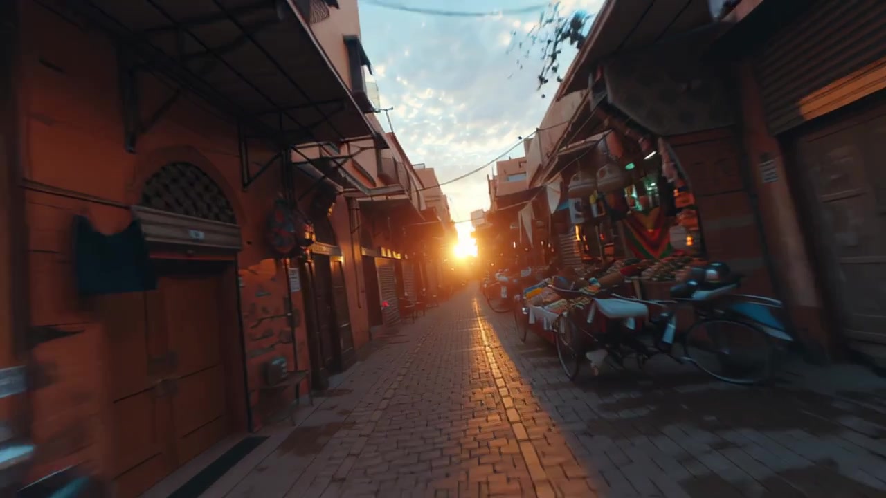 Cinematic footage moving down a narrow old town market street at sunset, with closed shop shutters, vendor carts and warm golden light reflecting on cobblestones