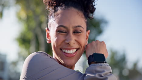 Portrait,-fitness-and-woman-stretching